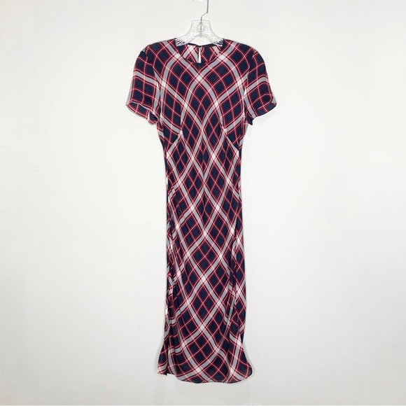 Jenni Kayne 100% Silk Short Sleeve Midi Sheath Dress (Sz S) Red Navy Blue Plaid - Picture 4 of 16